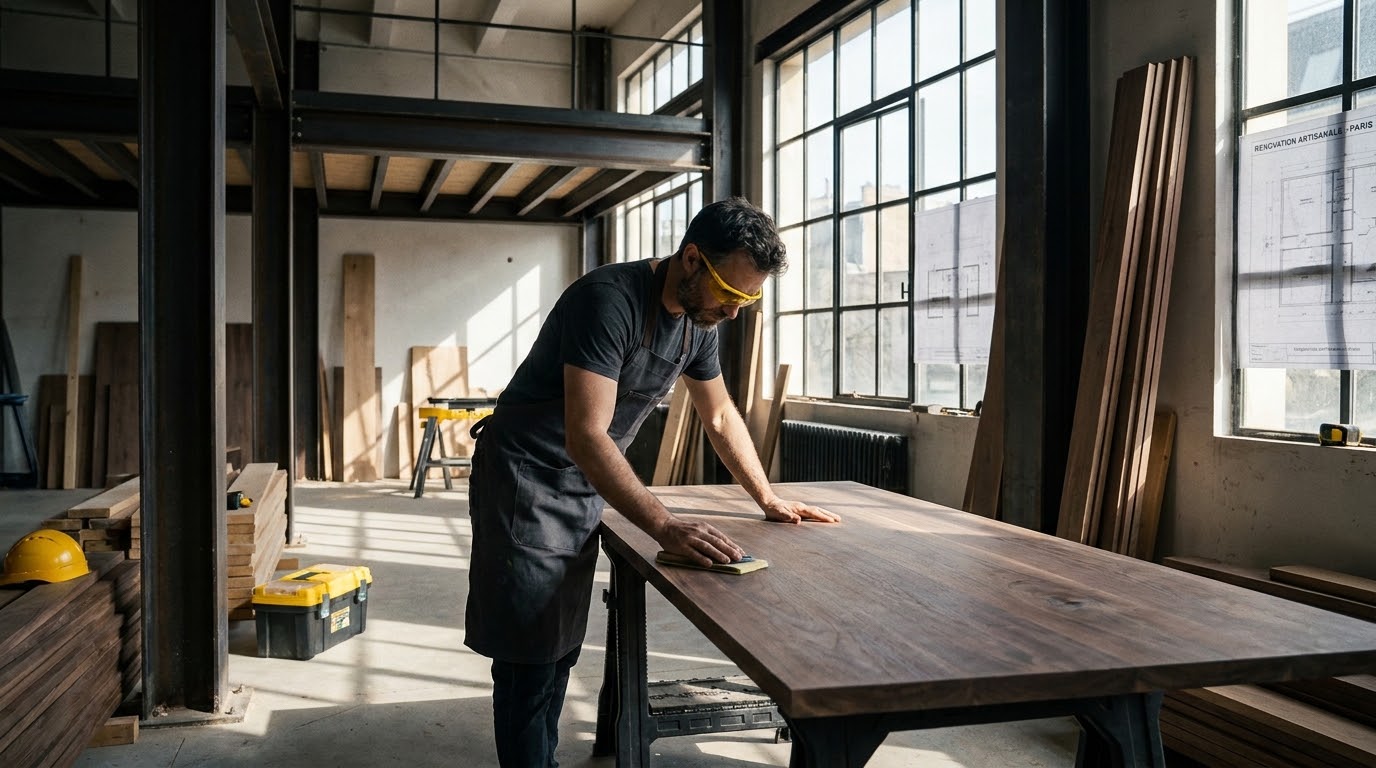 Craftsman sanding a solid wood tabletop