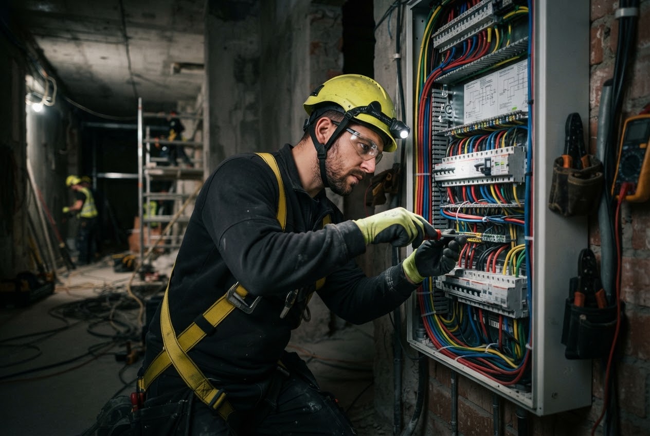 Electrician working on a modern electrical panel
