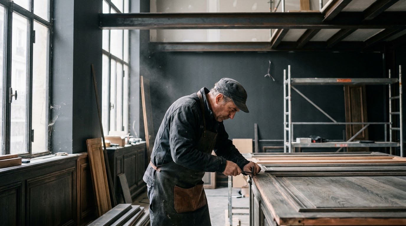 Craftsman working on timber in a dark workshop
