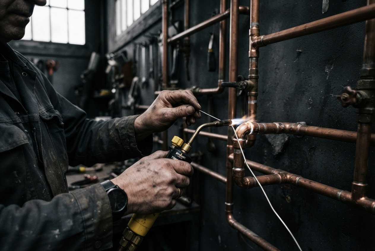 Plumber brazing copper pipes with a torch