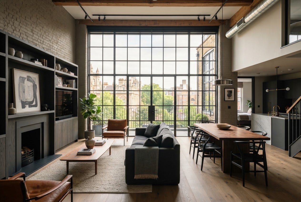 Finished renovated interior with steel-framed windows