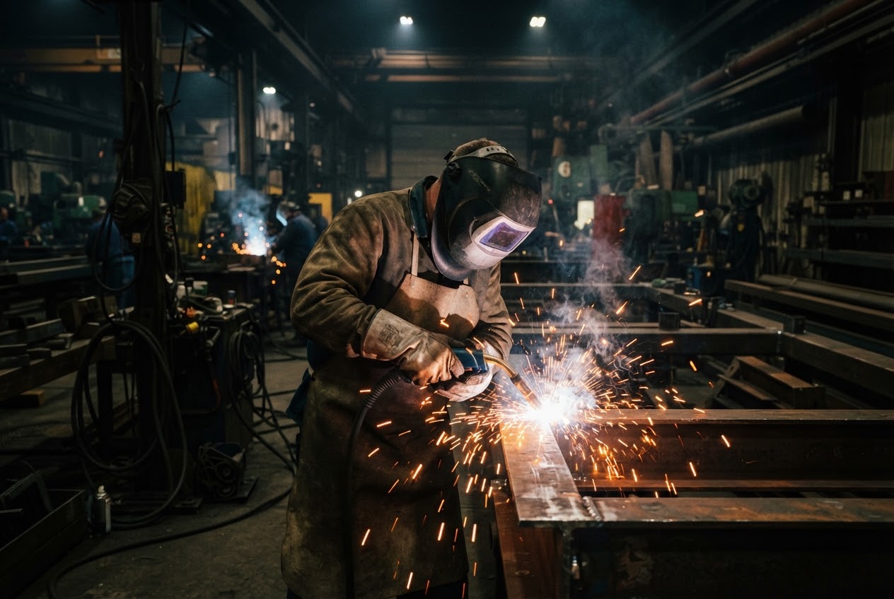 Welder at work, sparks flying in an industrial workshop